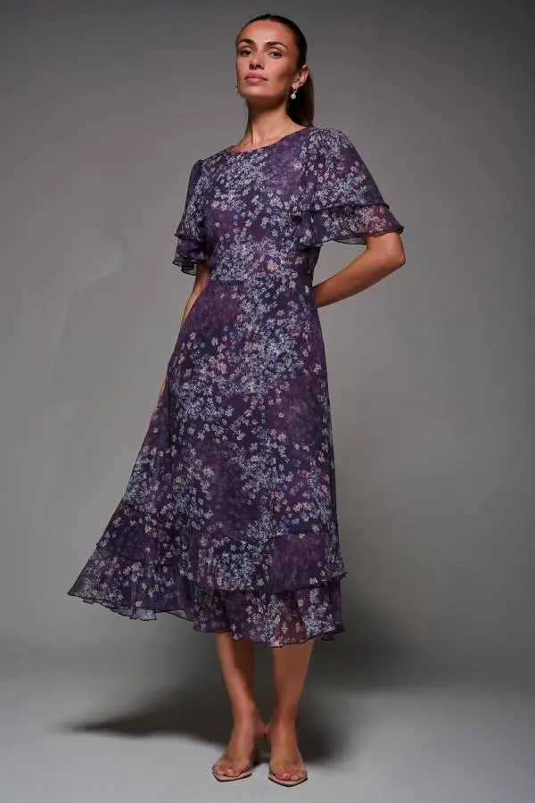 Jolie Moi Women's Frill Detail Chiffon Midaxi Dress in Purple