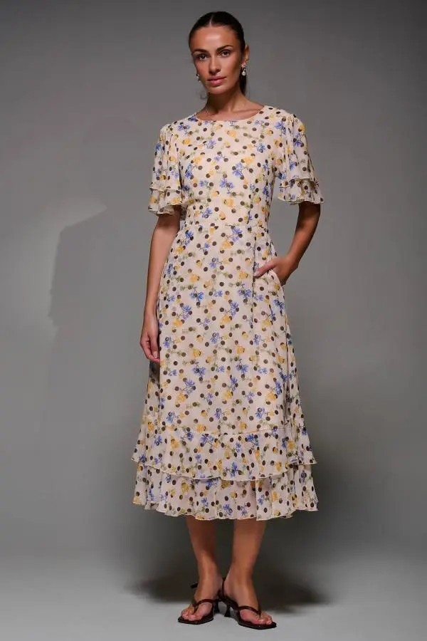 Jolie Moi Women's Frill Detail Chiffon Midaxi Dress in Beige 