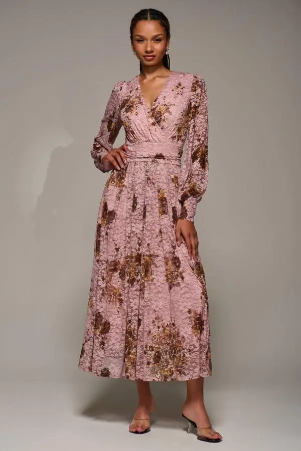 Jolie Moi Women's Long Sleeve Printed Lace Midaxi Dress in Pink