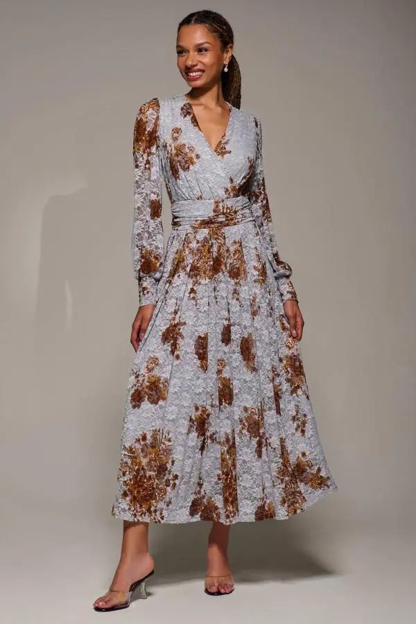 Jolie Moi Women's Long Sleeve Printed Lace Midaxi Dress in Blue 