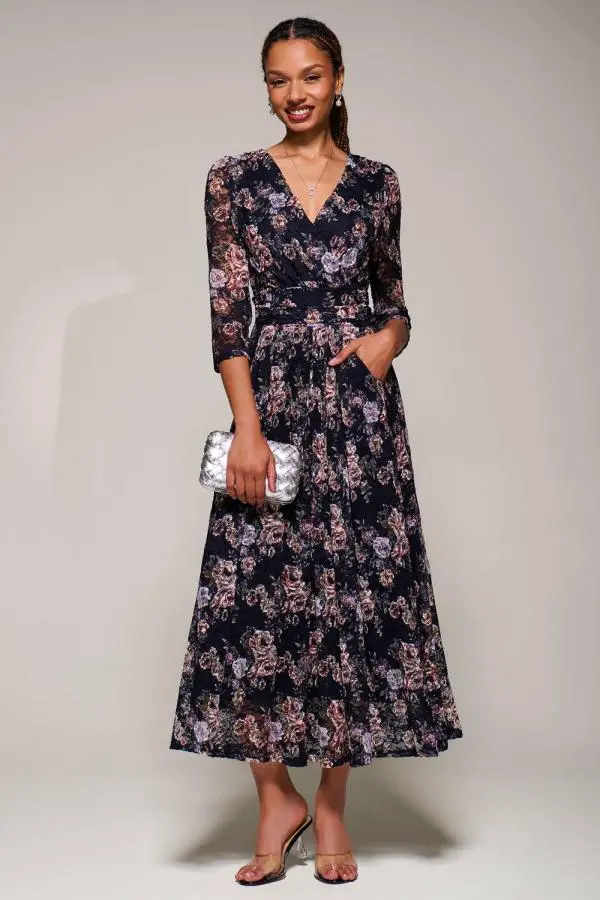 Jolie Moi Women's Three Quarter Sleeve Printed Lace Maxi Dress in Navy 