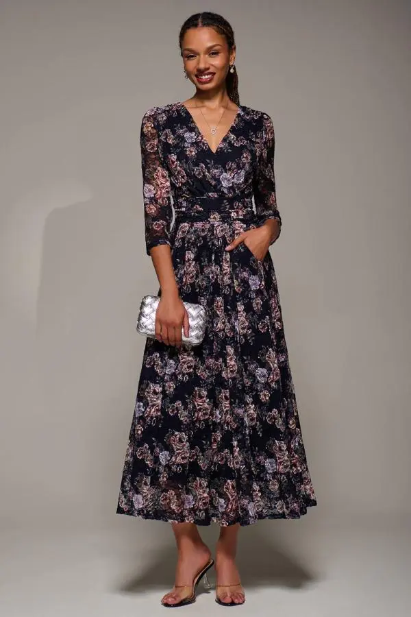 Jolie Moi Women's Three Quarter Sleeve Printed Lace Maxi Dress in Navy 