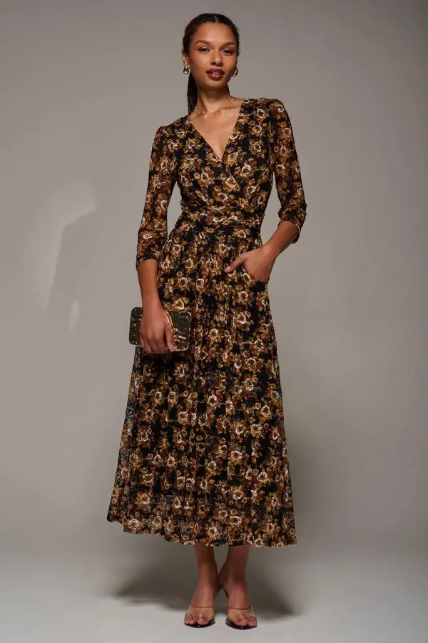 Jolie Moi Women's Three Quarter Sleeve Printed Lace Maxi Dress in Black 