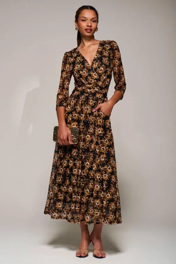 Jolie Moi Women's Three Quarter Sleeve Printed Lace Maxi Dress in Black 