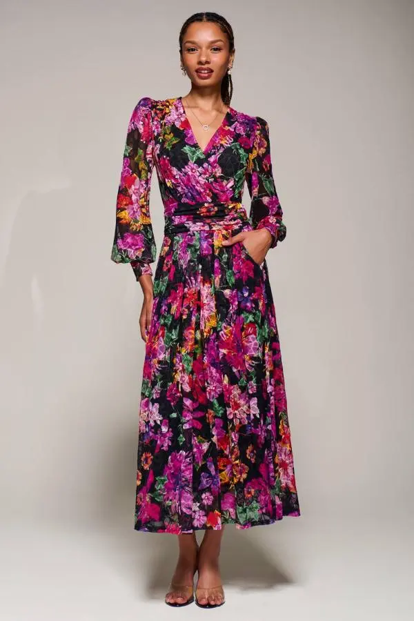 Jolie Moi Women's Long Sleeve Printed Lace Midaxi Dress 