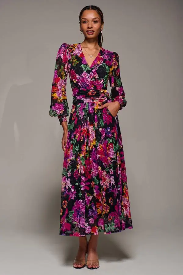 Jolie Moi Women's Long Sleeve Printed Lace Midaxi Dress 