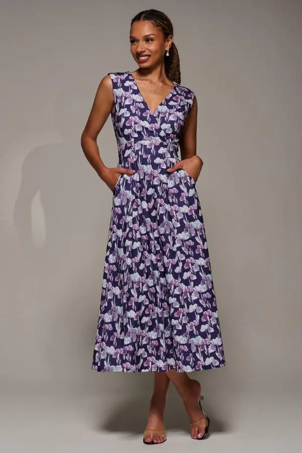 Jolie Moi Women's V-Neck Fit & Flare Scuba Midaxi Dress in Purple