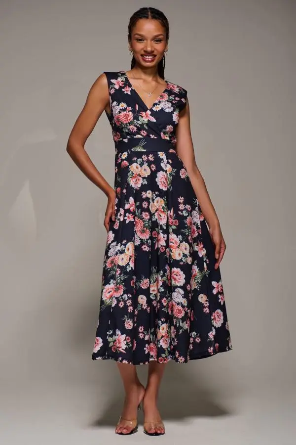 Jolie Moi Women's V-Neck Fit & Flare Scuba Midaxi Dress in Black