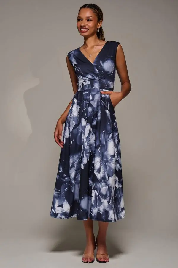 Jolie Moi Women's V-Neck Fit & Flare Scuba Midaxi Dress in Dark Navy 