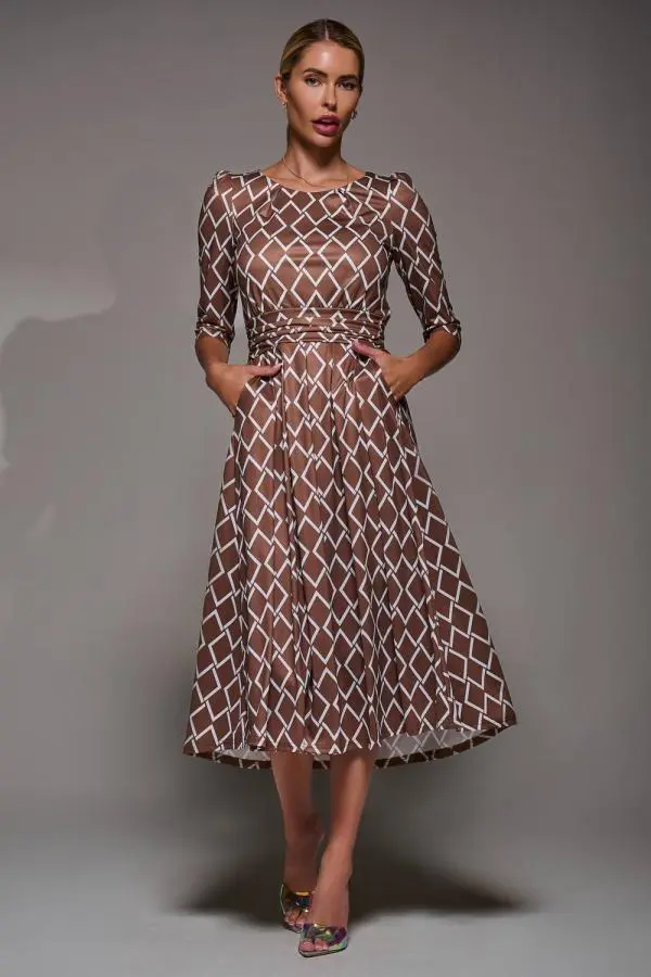 Jolie Moi Women's Three Quarter Sleeve Jersey Midi Dress in Brown 