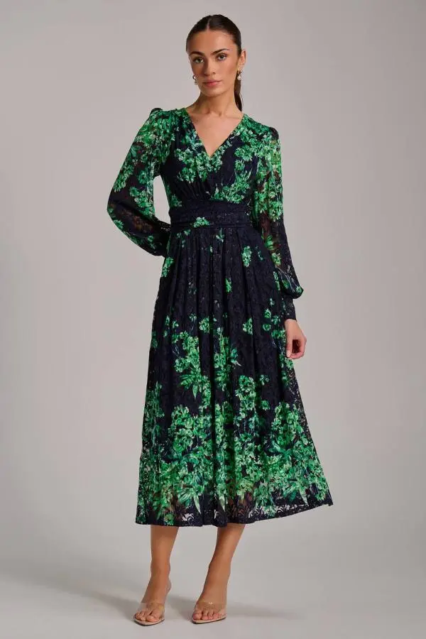 Jolie Moi Women's Long Sleeve Print Lace Maxi Dress in Dark Navy