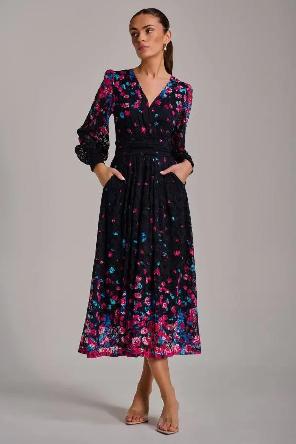 Jolie Moi Women's Long Sleeve Print Lace Maxi Dress