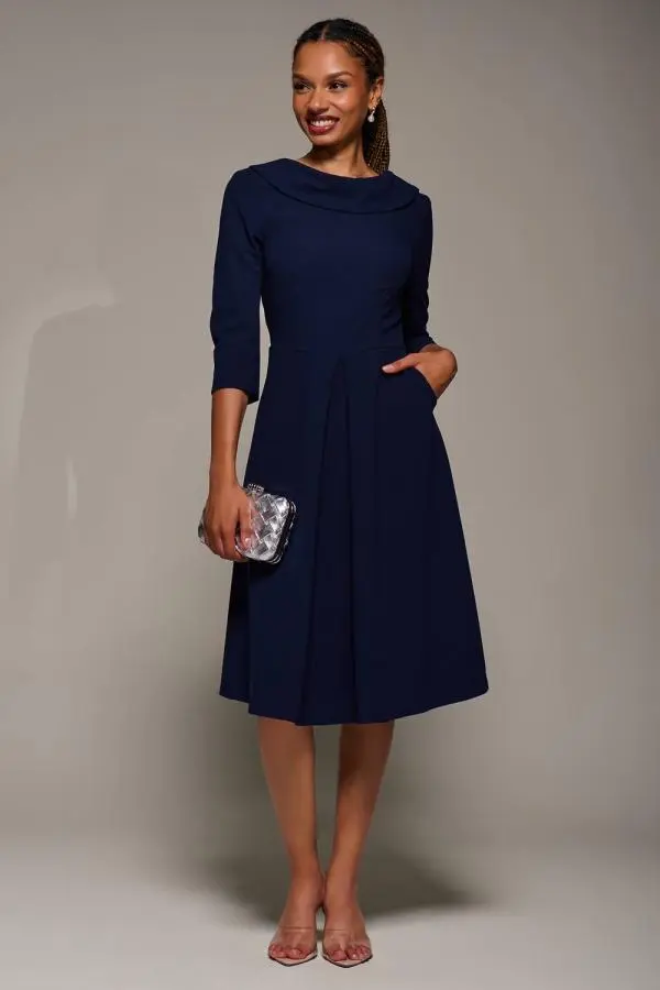 Jolie Moi Women's Roll Neck Fit & Flare Midi Dress in Navy