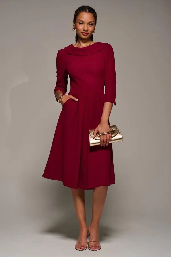 Jolie Moi Women's Roll Neck Fit & Flare Midi Dress in Dark Red 