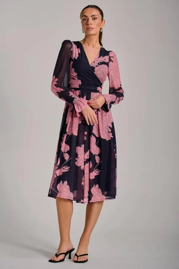 Jolie Moi Women's Long Sleeve Printed Mesh Midi Dress in Dark Navy