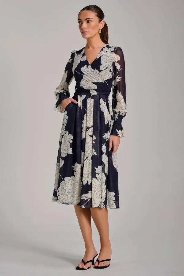 Jolie Moi Women's Long Sleeve Printed Mesh Midi Dress in Navy