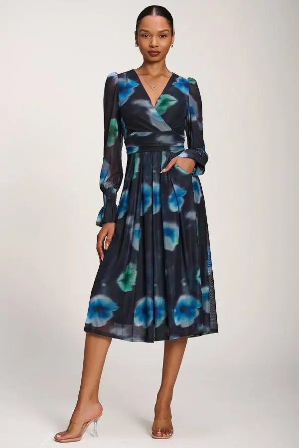 Jolie Moi Women's Long Sleeve Printed Mesh Midi Dress in Black 