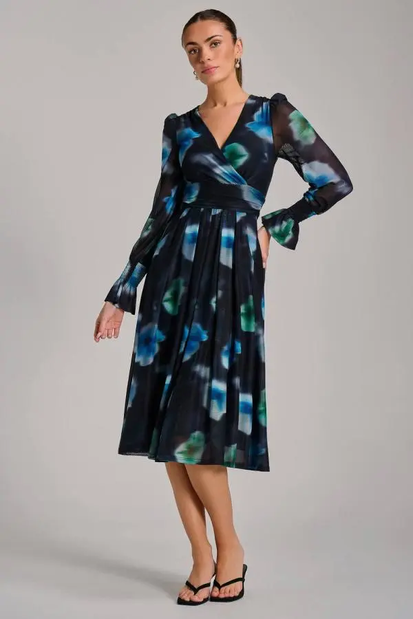 Jolie Moi Women's Long Sleeve Printed Mesh Midi Dress in Black 