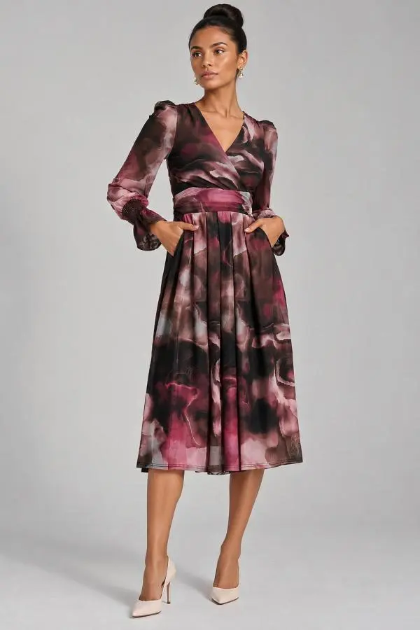 Jolie Moi Women's Long Sleeve Printed Mesh Midi Dress 