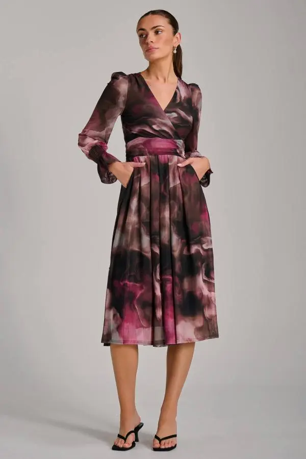 Jolie Moi Women's Long Sleeve Printed Mesh Midi Dress 