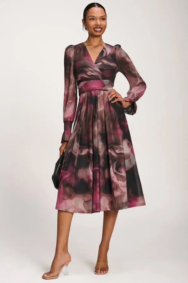 Jolie Moi Women's Long Sleeve Printed Mesh Midi Dress 