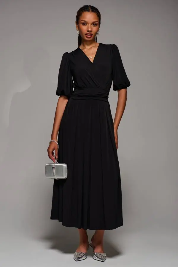 Jolie Moi Women's Puff Sleeve Jersey Maxi Dress in Black 