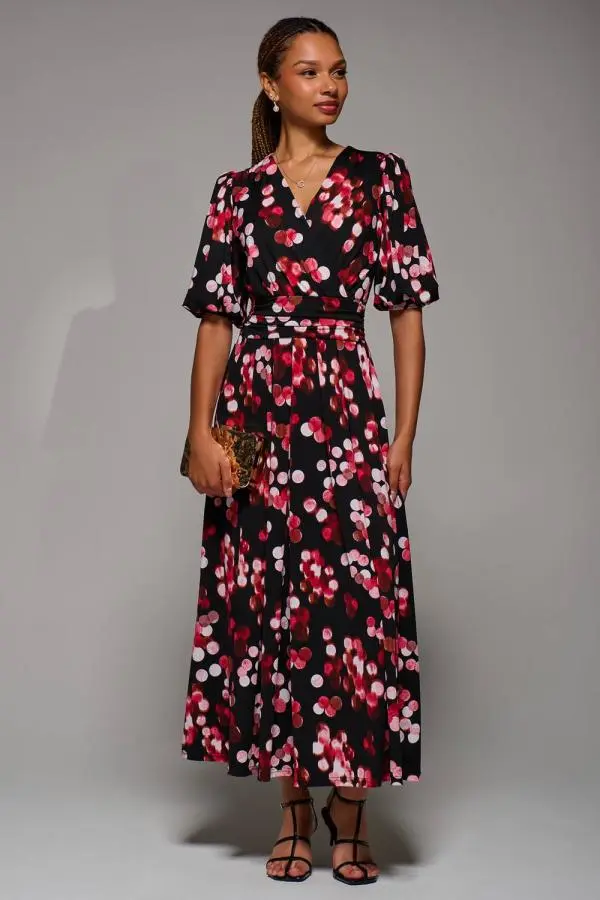 Jolie Moi Women's Puff Sleeve Jersey Maxi Dress in Red 