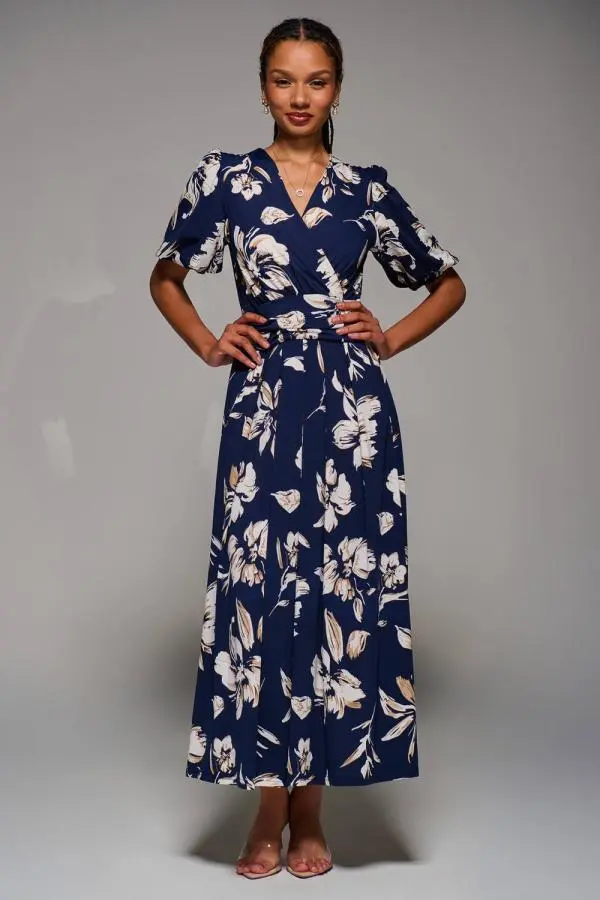 Jolie Moi Women's Puff Sleeve Jersey Maxi Dress in Navy 