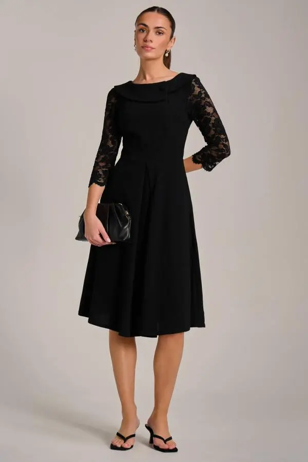 Jolie Moi Women's Roll Neck Lace Sleeve Fit & Flare Midi Dress in Black 