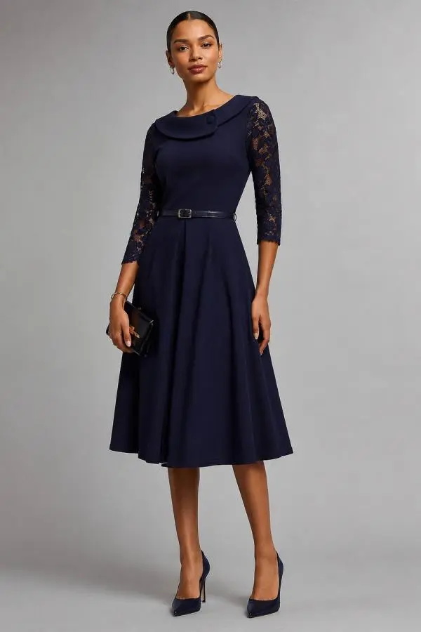 Jolie Moi Women's Roll Neck Lace Sleeve Fit & Flare Midi Dress in Navy 