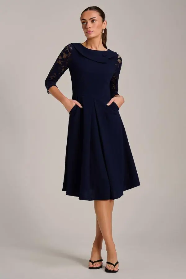 Jolie Moi Women's Roll Neck Lace Sleeve Fit & Flare Midi Dress in Navy 