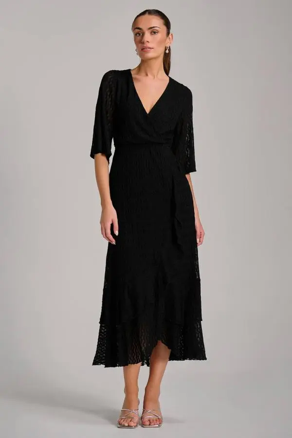 Jolie Moi Women's Textured Ruffle Hem Knitted Maxi Dress in Black 