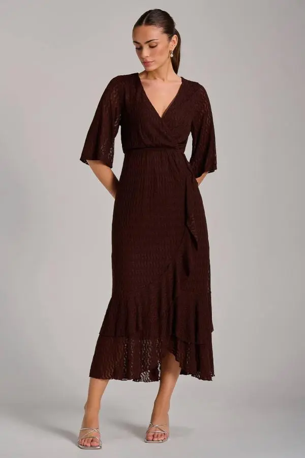 Jolie Moi Women's Textured Ruffle Hem Knitted Maxi Dress in Brown 