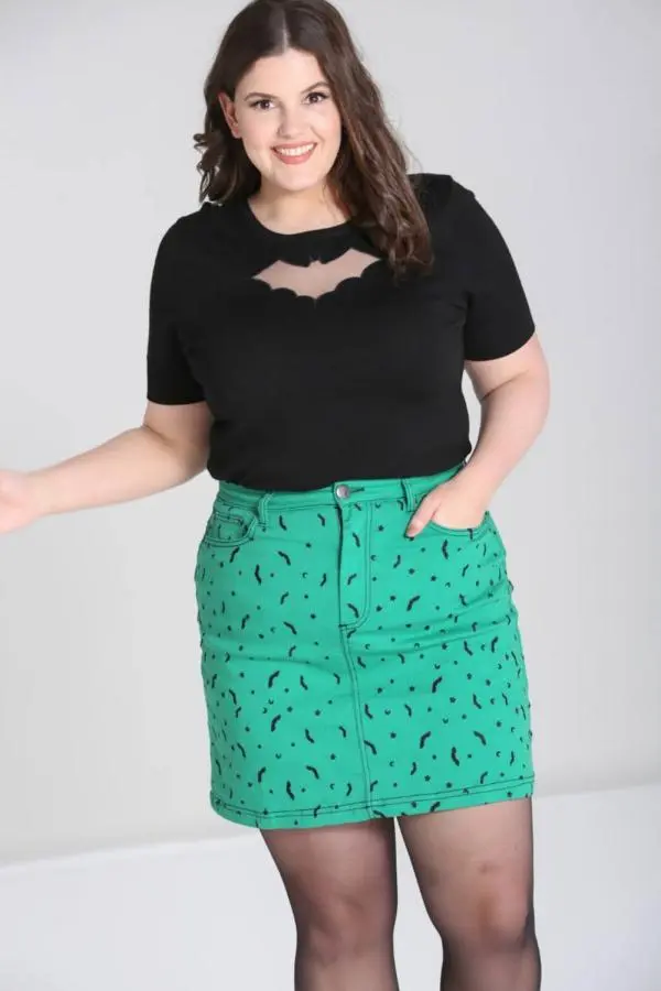 Hell Bunny Women's Denim Mini Skirt with Embroidered Bats Stars Moons Stretch Fit Wear in Green 