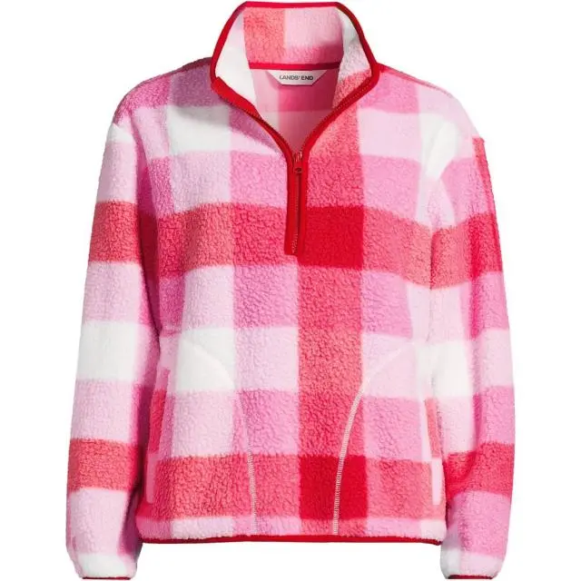 Lands' End Women's Petite Fleece Cosy Sherpa Printed Quarter Zip Pullover in Pink 
