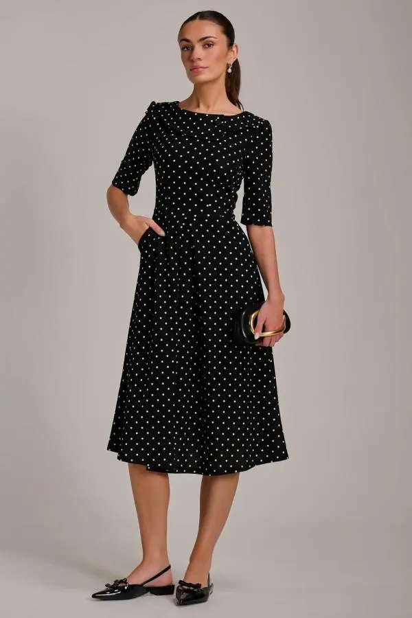 Jolie Moi Women's Printed Scuba Fold Collar Midi Dress in Black 