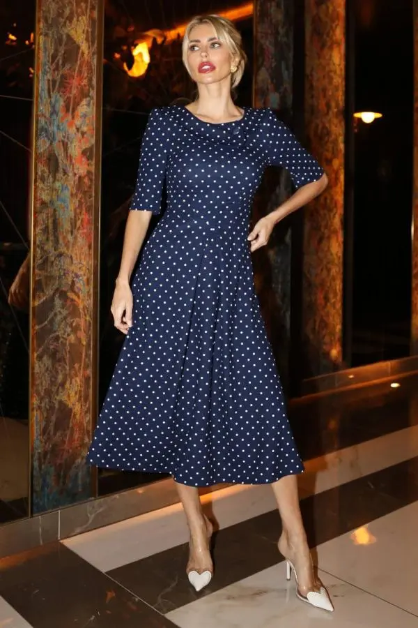 Jolie Moi Women's Printed Scuba Fold Collar Midi Dress in Navy 