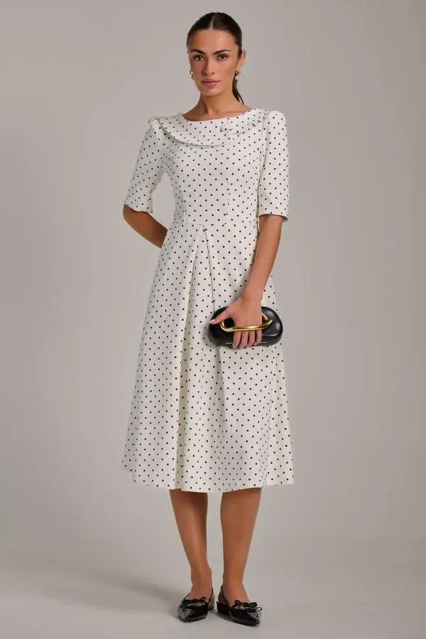 Jolie Moi Women's Printed Scuba Fold Collar Midi Dress in White 