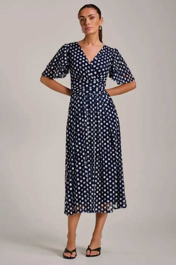 Jolie Moi Women's Angel Sleeve Print Lace Maxi Dress in Navy 