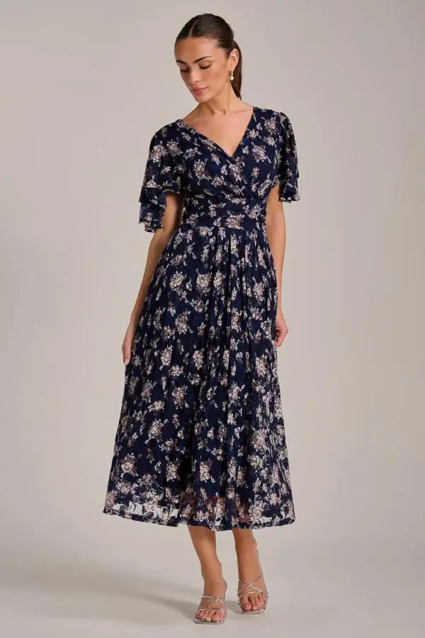 Jolie Moi Women's Angel Sleeve Print Lace Maxi Dress in Navy 