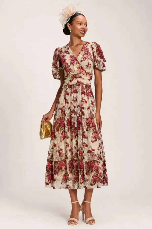 Jolie Moi Women's Angel Sleeve Print Lace Maxi Dress in Beige 