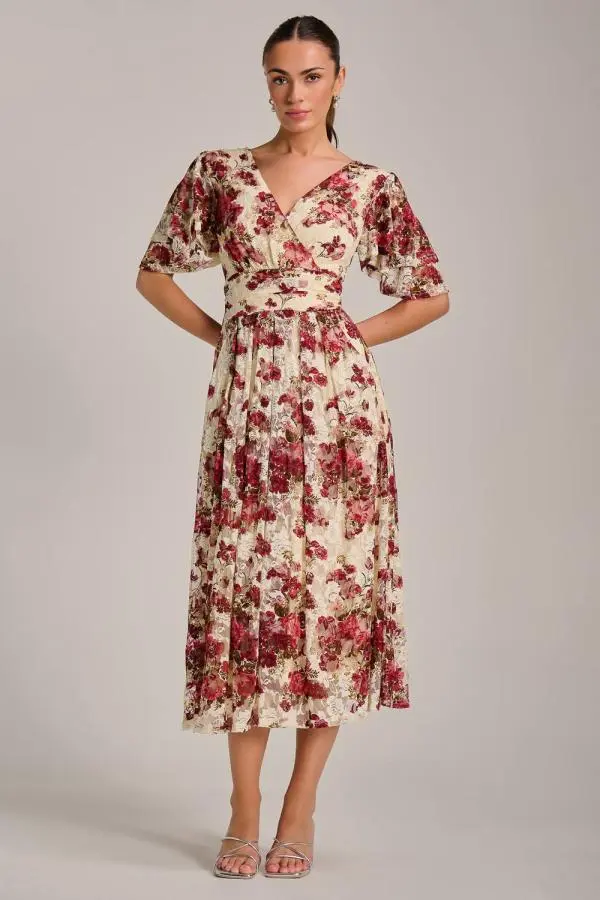 Jolie Moi Women's Angel Sleeve Print Lace Maxi Dress in Beige 