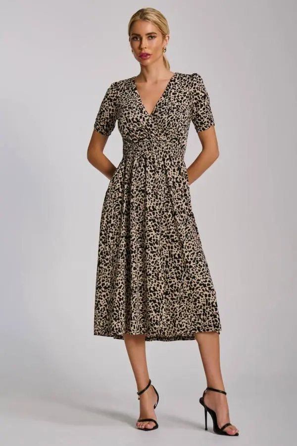 Jolie Moi Women's Short Sleeve Printed Jersey Midi Dress in Beige 