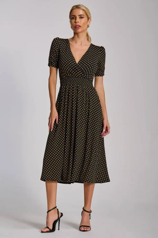 Jolie Moi Women's Short Sleeve Printed Jersey Midi Dress in Dark Navy 