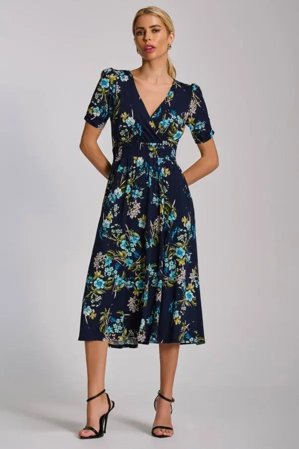 Jolie Moi Women's Short Sleeve Printed Jersey Midi Dress in Navy 