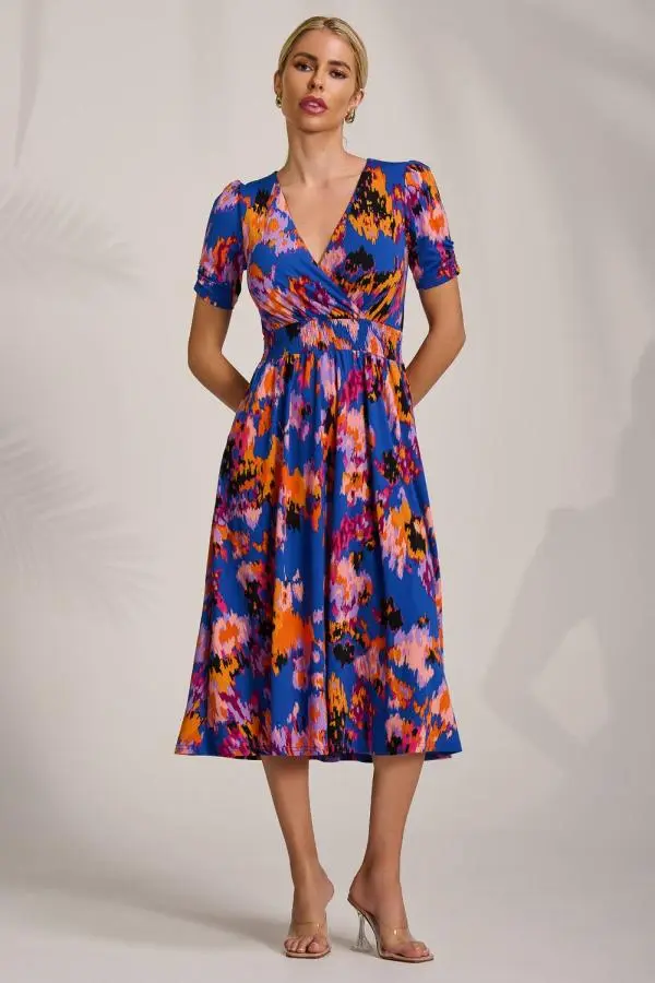 Jolie Moi Women's Short Sleeve Printed Jersey Midi Dress in Blue 