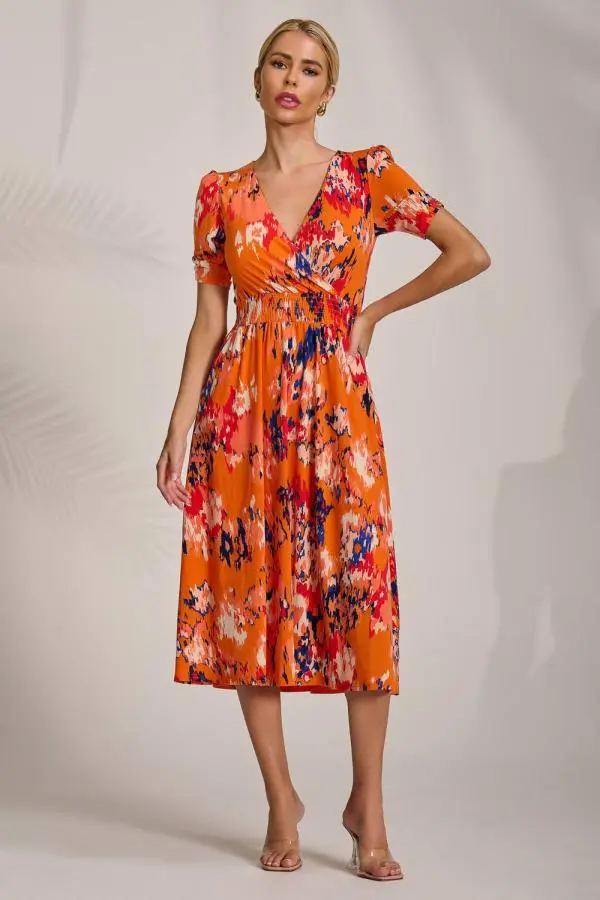 Jolie Moi Women's Short Sleeve Printed Jersey Midi Dress in Orange 