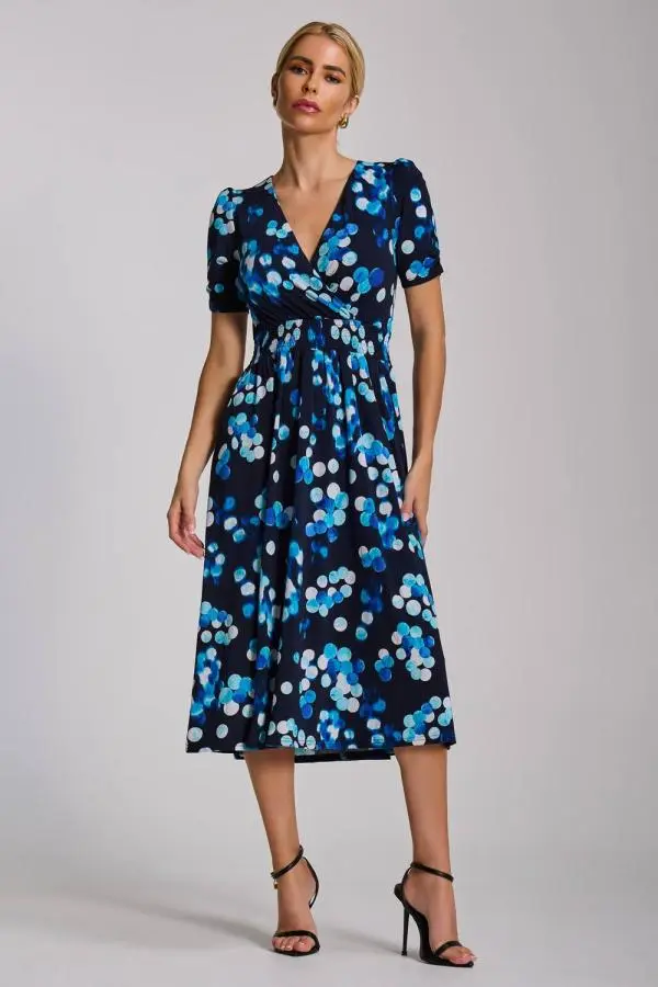 Jolie Moi Women's Short Sleeve Printed Jersey Midi Dress in Dark Blue 