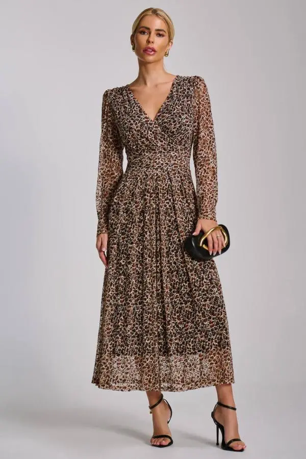 Jolie Moi Women's Long Sleeve Pleated Lace Maxi Dress in Beige 