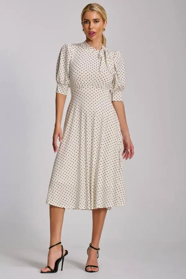 Jolie Moi Women's Tie Neck Puffy Sleeve Jersey Midi Dress in Off-White 